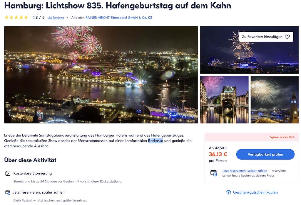 Barkassen fahrt auf dem Hamburger Hafengeburtstag 2024 buchen